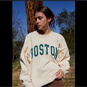 John Galt One Size Cream Green Boston Crew Neck Sweatshirt Crewneck